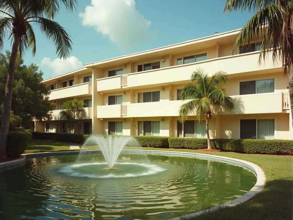 Low-rise South Florida condominium building with a fountain pond