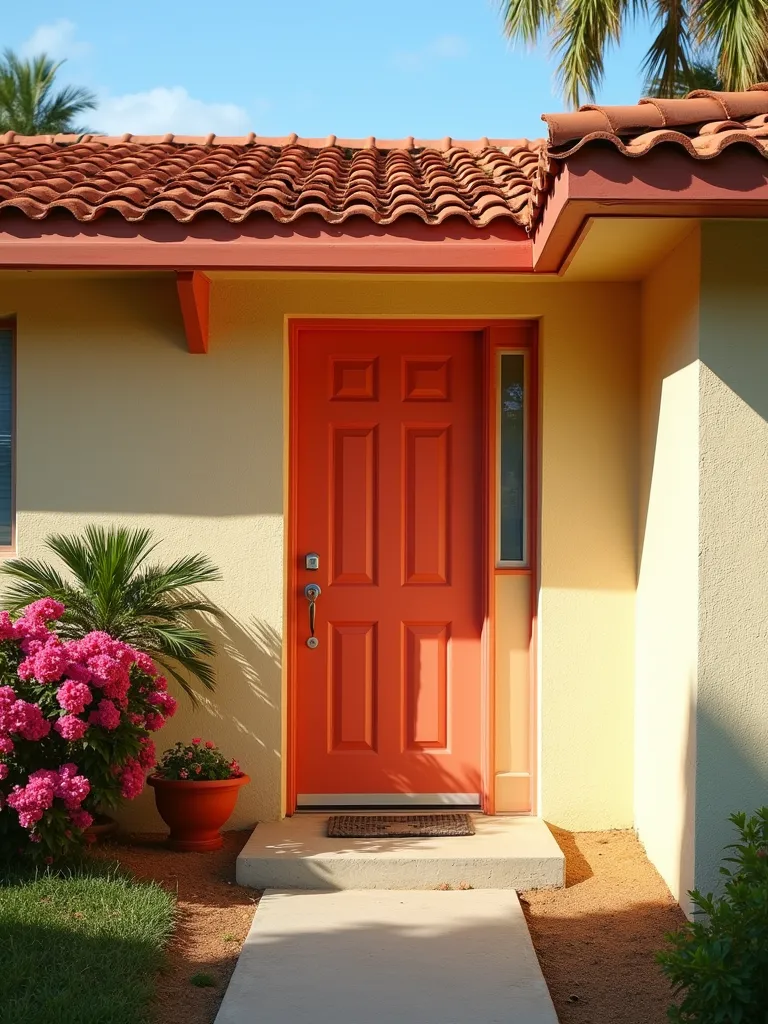 Cream Florida block home with a red front door and bougainvillea