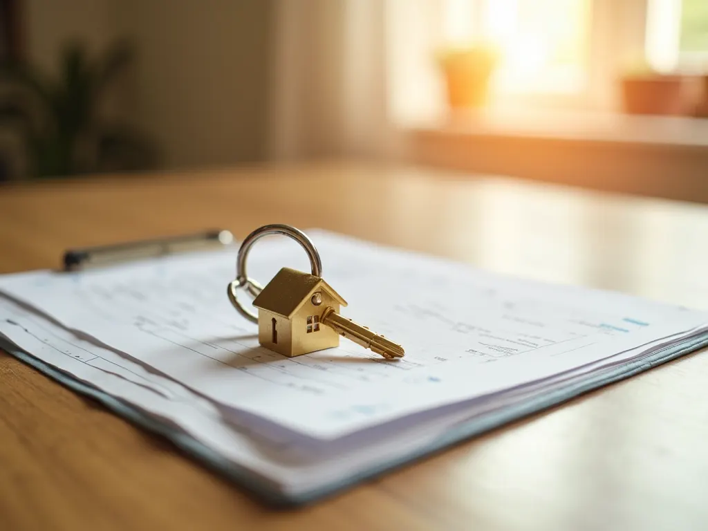 House key resting on a closing folder on a sunlit kitchen table