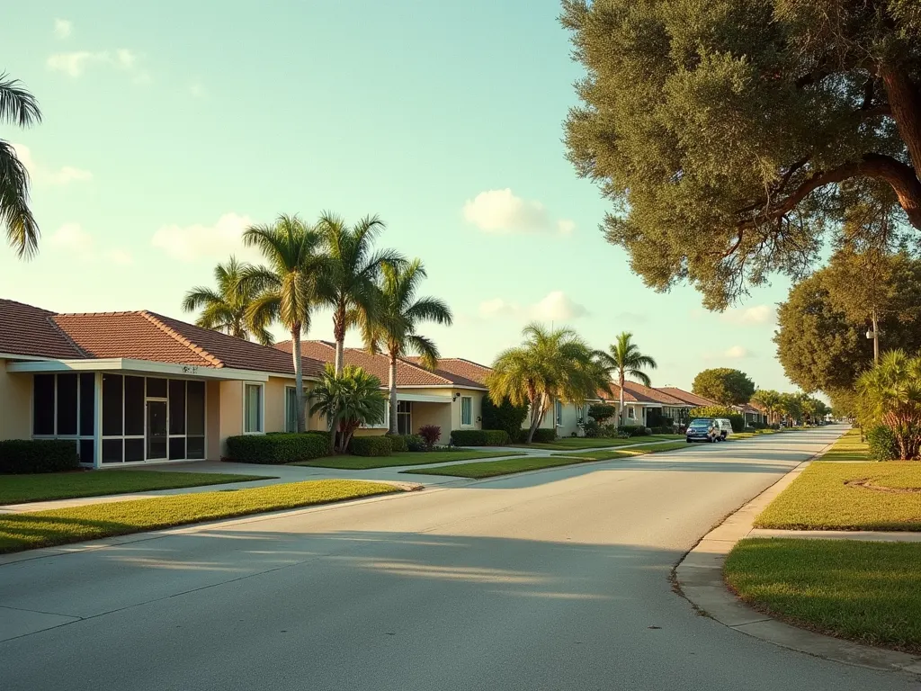 Quiet South Florida street of single-story stucco homes and palms