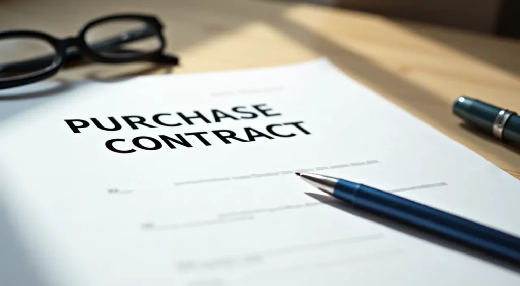 Purchase contract and pen on a desk beside reading glasses